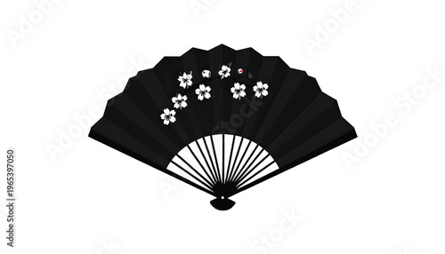 Traditional japanese folding fan with decorative white floral patterns on black background