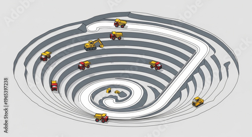 Open-Pit Mining Operation with Trucks in a Spiral Design.
