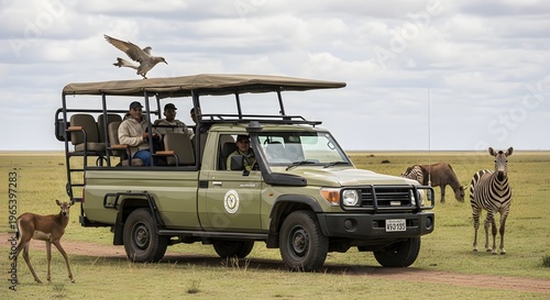 Safari adventure with a jeep and wildlife on the savannah