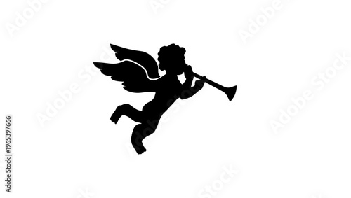 an angel plays the flute, black isolated silhouette