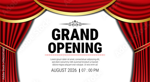 A grand opening announcement background featuring elegant red theater curtains and gold accents.