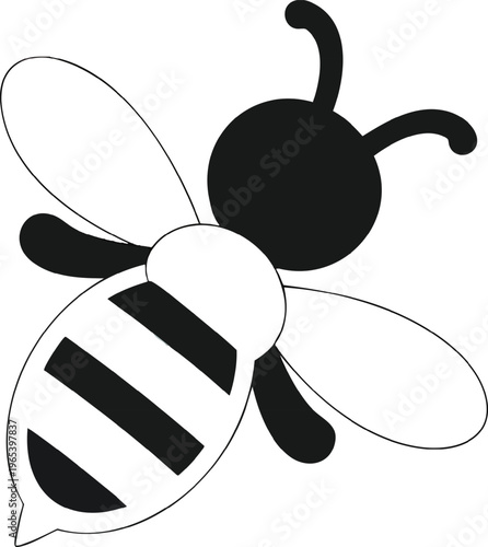 A stylized black and white bee with distinct stripes and wings