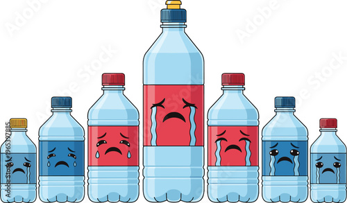 Sad plastic bottles with crying faces environmental pollution concept cartoon vector illustration about waste and recycling awareness