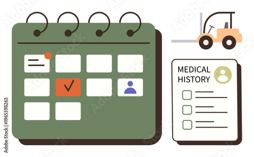Workplace safety, logistics, health monitoring, scheduling, employee management, productivity. Calendar with date marked, medical history form forklift icon. Workplace safety and logistics