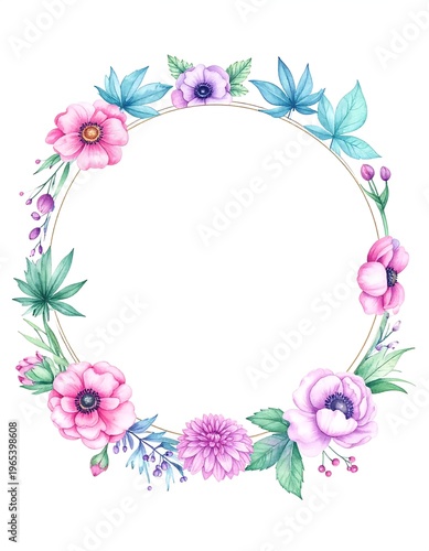 A floral wreath illustration with colorful flowers and leaves