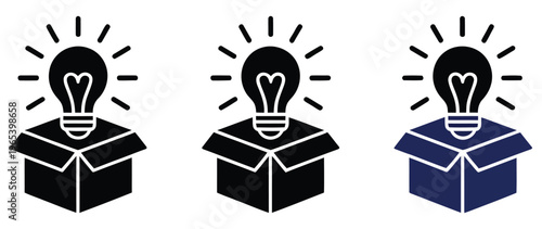 Think, outside box vector icon set with lightbulb rising from open box, symbolizing creativity, innovation, and problem-solving, clean modern flat vector design