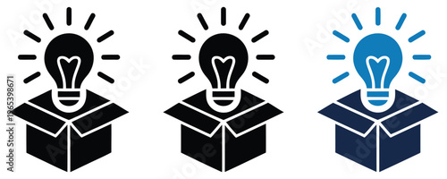 Think, outside the box icon set featuring light bulb emerging from an open box, creative idea and innovation concept, modern flat vector illustration collection for business, apps, websites