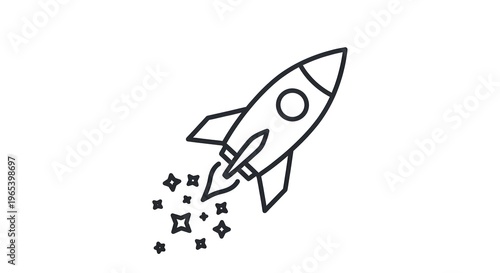 A simple black and white line drawing depicts a rocket ship launching with trailing stars