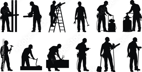 Construction workers silhouettes set builders tools labor industrial work vector illustration isolated black collection design