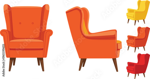 Set of modern wingback armchair vector illustrations in orange yellow and red colors shown from front and side views for interior design projects.
