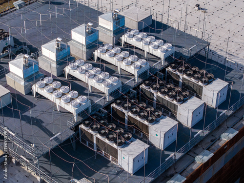 Aerial view of a data center with multiple hvac cooling systems for server and compute grid infrastructure, Warsaw, Masovian Voivodeship, Poland.