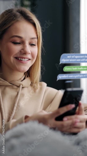 A woman shares messages on her smartphone while smiling in a cozy setting. Animated chat badges.
