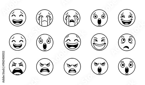Minimal cartoon face expressions icon set with emoticon doodle emotions black and white vector illustration