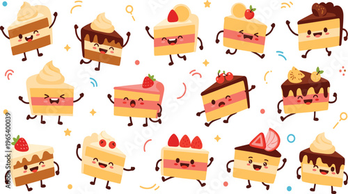 Cute Cartoon Cake Slice Characters with Strawberry, Chocolate, and Cream Decorations, Perfect for Bakery, Dessert, and Fun Event 