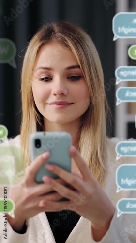 Woman smiles while chatting on smartphone in a bright indoor setting. Animated chat badges.
