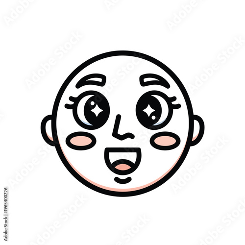 A smiling, cartoonish face with wide, sparkling eyes and rosy cheeks. Outlined in black with detailed eyelashes, it shows a happy expression
