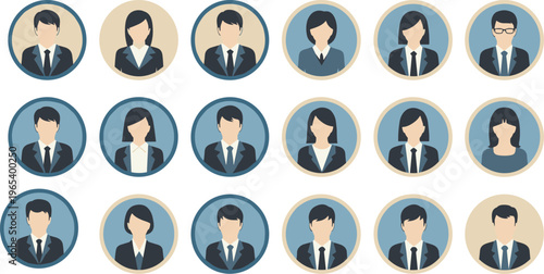 Professional collection of business avatar icons featuring diverse men and women in formal suits for corporate team profile pictures and office management vector design.