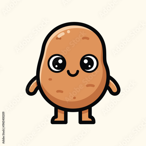 A smiling, anthropomorphic potato is depicted with big eyes, tiny arms, and legs. It's a whimsical, cartoonish illustration against a neutral backdrop