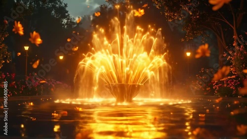 Illuminated fountain display at dusk