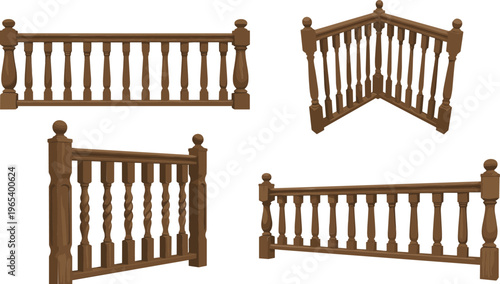 Wooden stair railings set with classic balusters and banisters interior architecture elements vector illustration collection