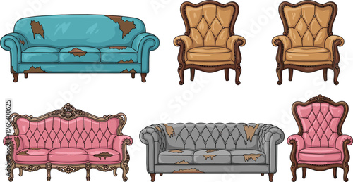 Vintage worn furniture set with old sofas and armchairs damaged upholstery antique interior vector illustration collection