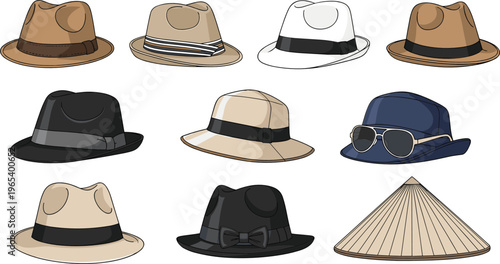 Stylish hat collection set with fedora bucket straw and conical hats fashion accessories vector illustration isolated