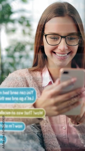 Woman smiles while using smartphone at home during the day. Animated chat badges.
