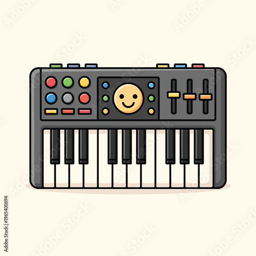 A vector illustration depicts a musical synthesizer with a keyboard, color-coded buttons, faders, and a smiley face graphic. It has a cartoonish style