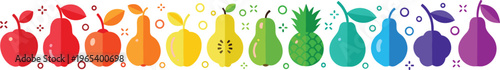 Colorful Rainbow Fruit Icons Set Featuring Pear, Apple, Pineapple, and More, Perfect for Healthy Lifestyle and Wellness Designs in Digital