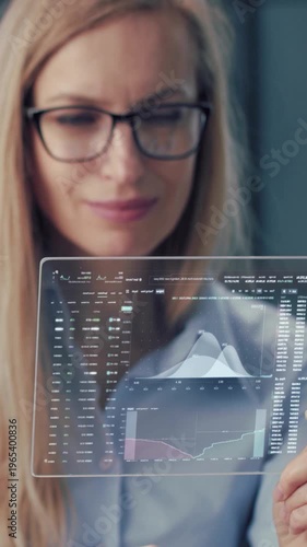 Woman interacts with hologram tablet displaying data in an office setting.