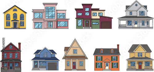 Set of nine colorful suburban house illustrations featuring diverse architectural styles including modern villas traditional cottages and residential homes isolated on white background