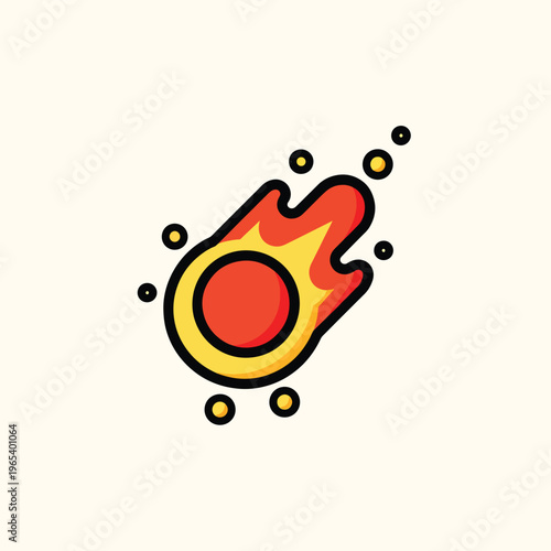 A stylized illustration depicting a celestial body with a fiery tail streaking through space, surrounded by small orbs