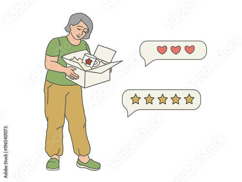 Woman unpacking delivered box and reviewing product feedback