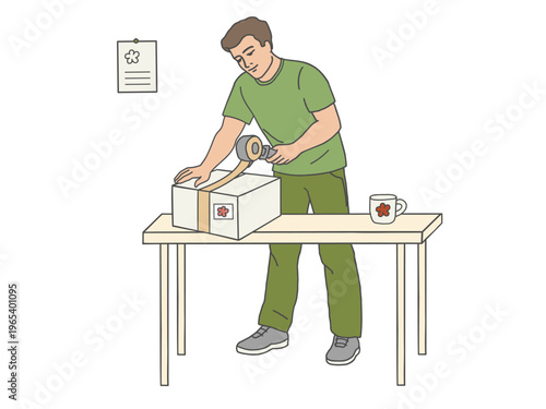 Man sealing shipping box with tape at packing table