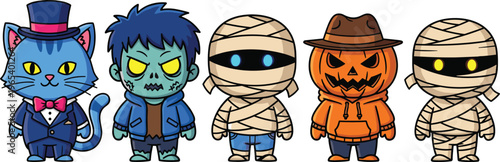 Set of five cute hand drawn spooky Halloween characters including blue cat in tuxedo zombie boy mummies and pumpkin man isolated on white background