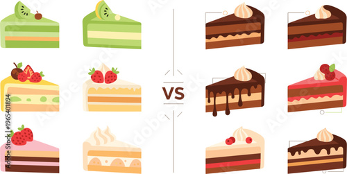 Cake Comparison Icons Set Featuring Fruit and Chocolate Cakes with Whipped Cream and Berry Decorations, Ideal for Dessert and Bakery 