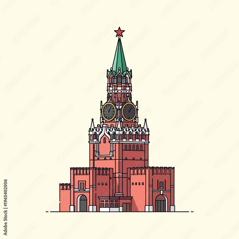 Naklejka premium A symmetrical, stylized illustration of a tall building. It features a green spire topped with a red star, red brick, and large clocks