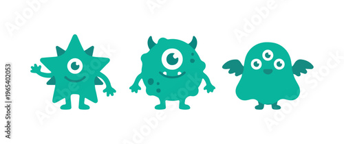 set of cute happy monsters/germs cartoon illustrations on white background