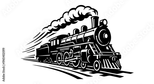 Vintage Steam Locomotive Front View Bold Vector Illustration — Powerful Retro Train Running on Track with Smoke Black and White Design for Logo and Print