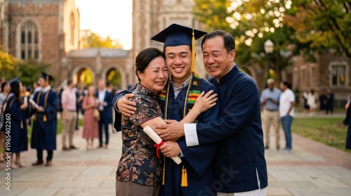 Asian Family Celebrating College Graduation on Campus