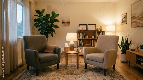 Modern therapy office with comfortable chairs and warm lighting