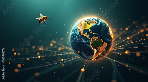 Glowing Bee Flying Towards Earth Amidst Golden Sparkles In Space