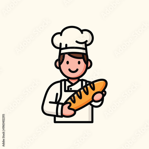 A smiling baker wearing a tall white hat and apron holds a golden-brown baguette. He has dark hair, rosy cheeks and a happy expression