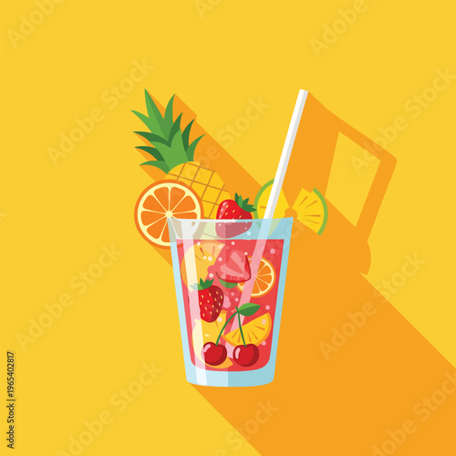 A vibrant, refreshing drink in a clear glass with ice, fruit, a straw, and the components for a long shadow on an amber background