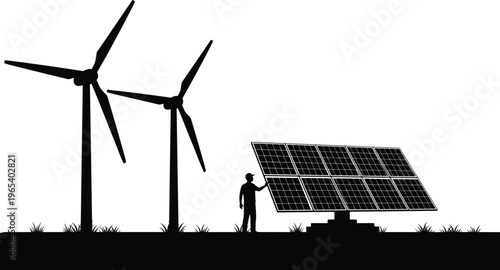 Renewable Energy Silhouette with Solar Panel Wind Turbines and Worker Professional Engineer for Sustainable Power Generation Green Technology Vector Illustration