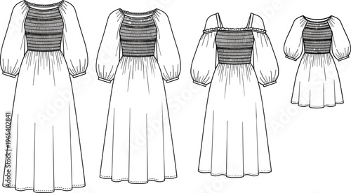 Technical Fashion Sketch of a Collection of Women's Smocked Bodice Dresses in Different Lengths with Puff Sleeves and Off-Shoulder Detail