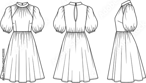 Technical Fashion Sketch of a Women's High Neck Dress Featuring Puff Sleeves Keyhole Back and A-Line Silhouette for Apparel Design