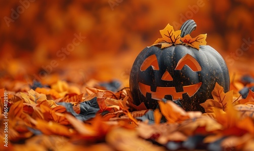 Citrouille d'Halloween noire sculptée posée sur un tapis de feuilles d'automne rousses dans une ambiance mystérieuse et festive de saison.