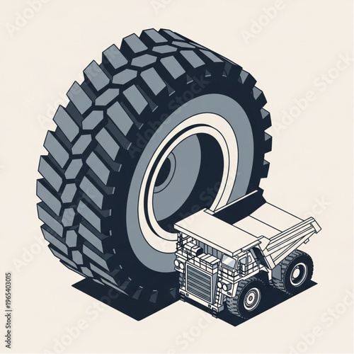 Pixel Art Illustration of a Mining Dump Truck with Oversized Tire.