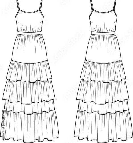 Technical flat sketch of a women's tiered maxi dress with spaghetti straps, elastic waist, and ruffled floor-length skirt vector illustration.